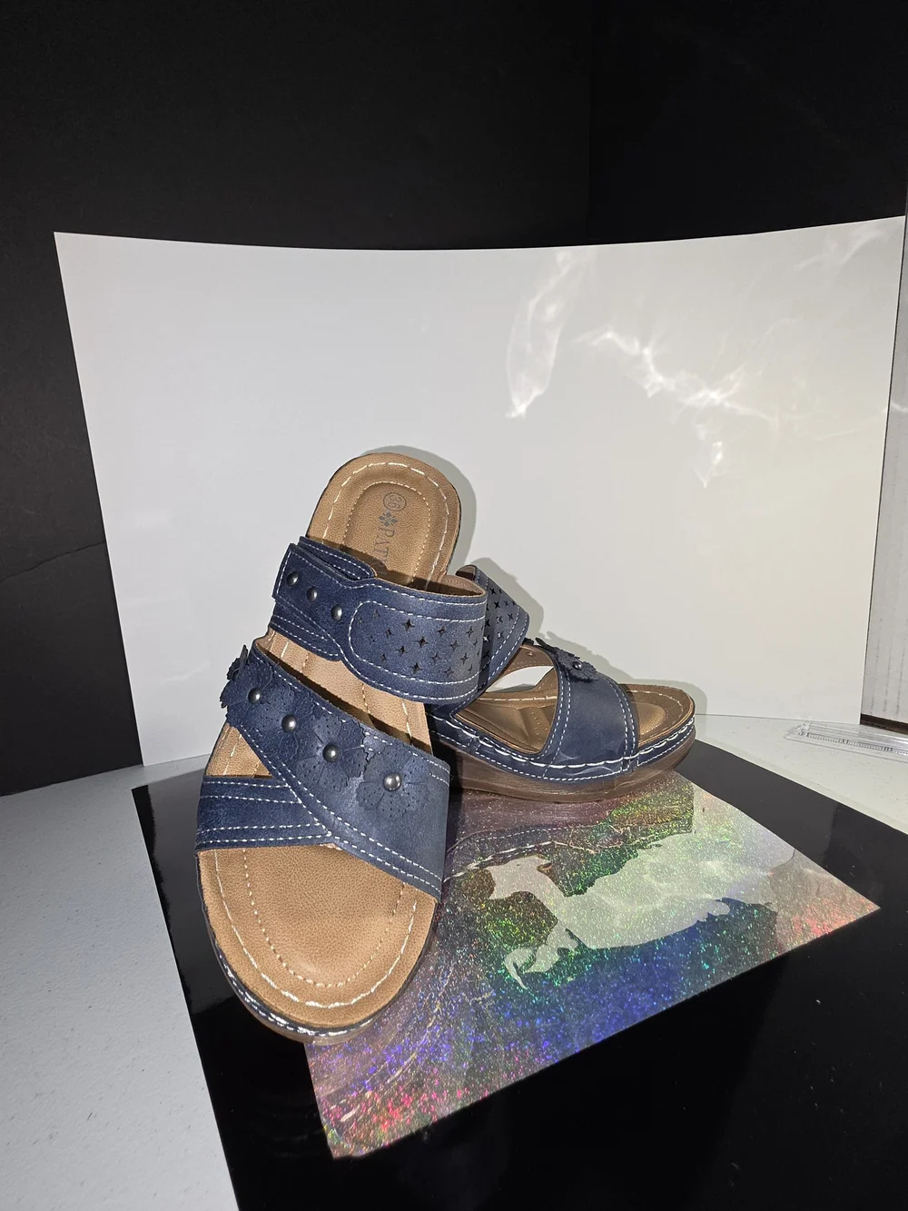 Patrizia Costmary Navy Floral Leather Wedge Sandal Stud Detail Sz 36 (5-6 US)